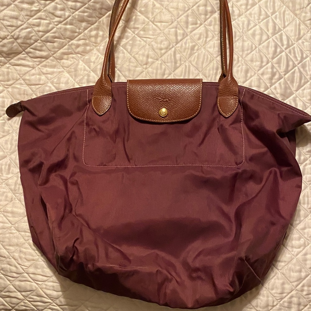 Longchamp Burgundy Tote with Brown Leather Trim